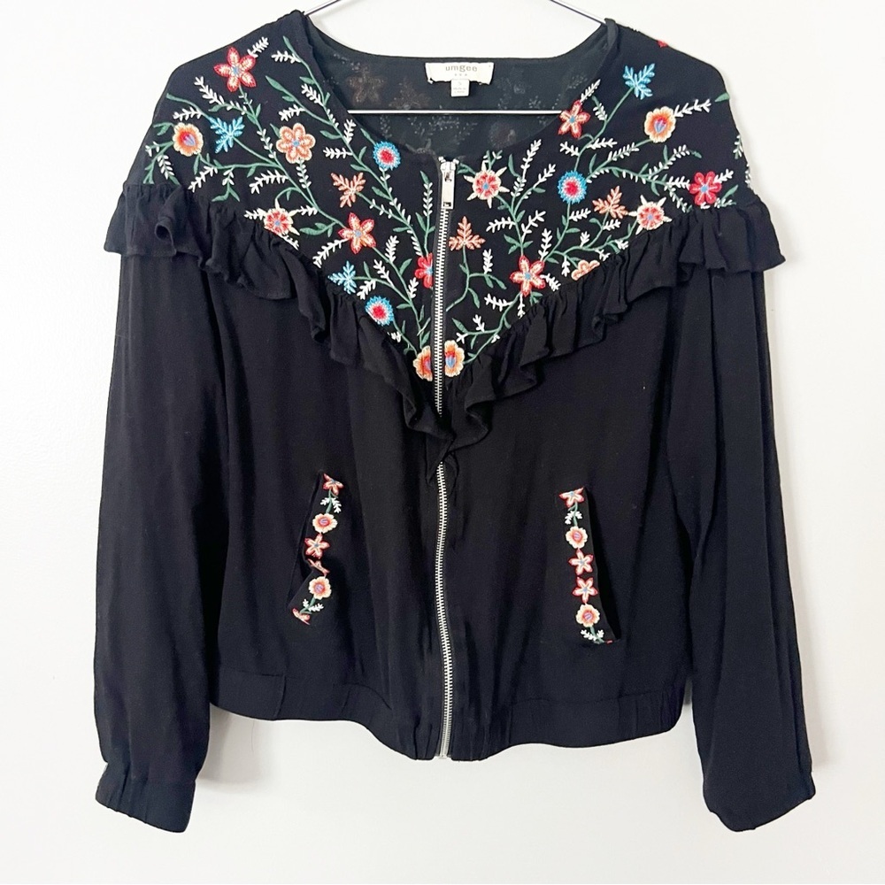 UMGEE Black Floral Embroidered Bomber Jacket Small Boho Cottagecore Ruffle